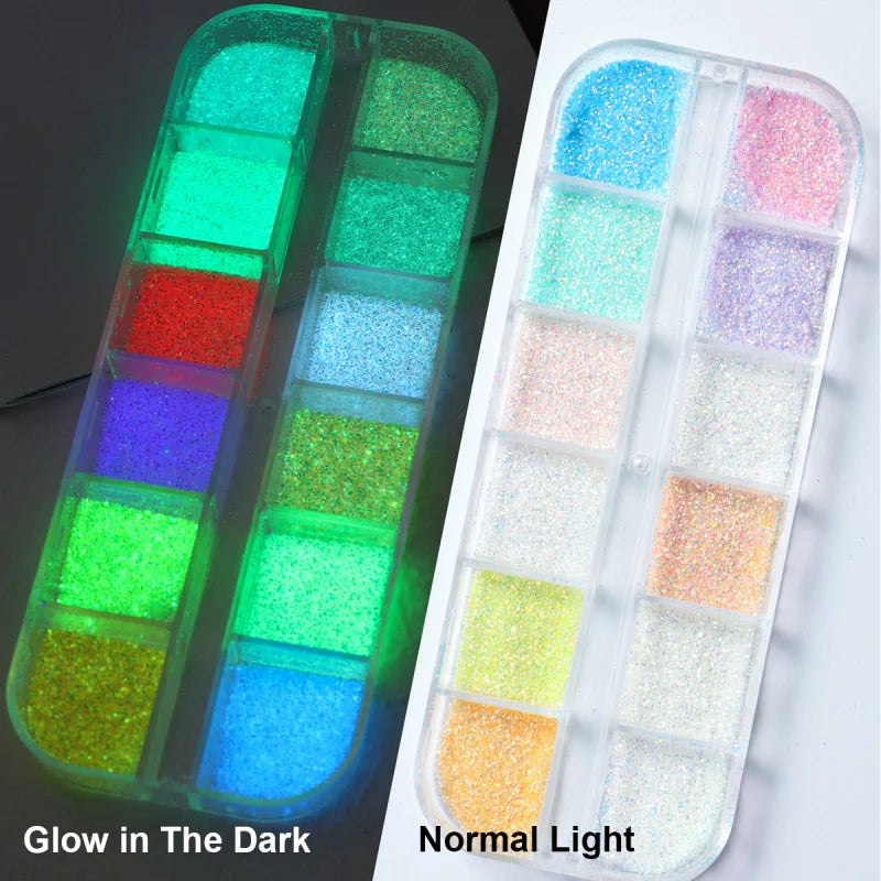 12 Grids Glowing in The Dark Glitter Shiny Holographic Sugar Nail Powder Luminous Effect Nail Art Chrome Pigment Flakes Dust