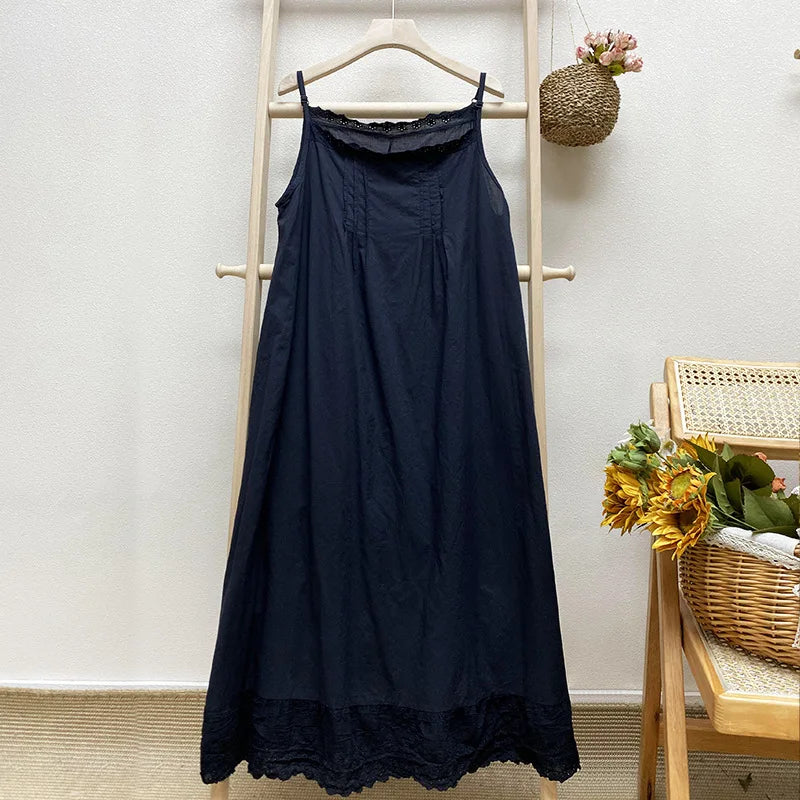 Johnature 2026 Summer New Japanese Casual Spaghetti Strap Thin All Match Dress For Women Solid Color Cotton Female Dresses