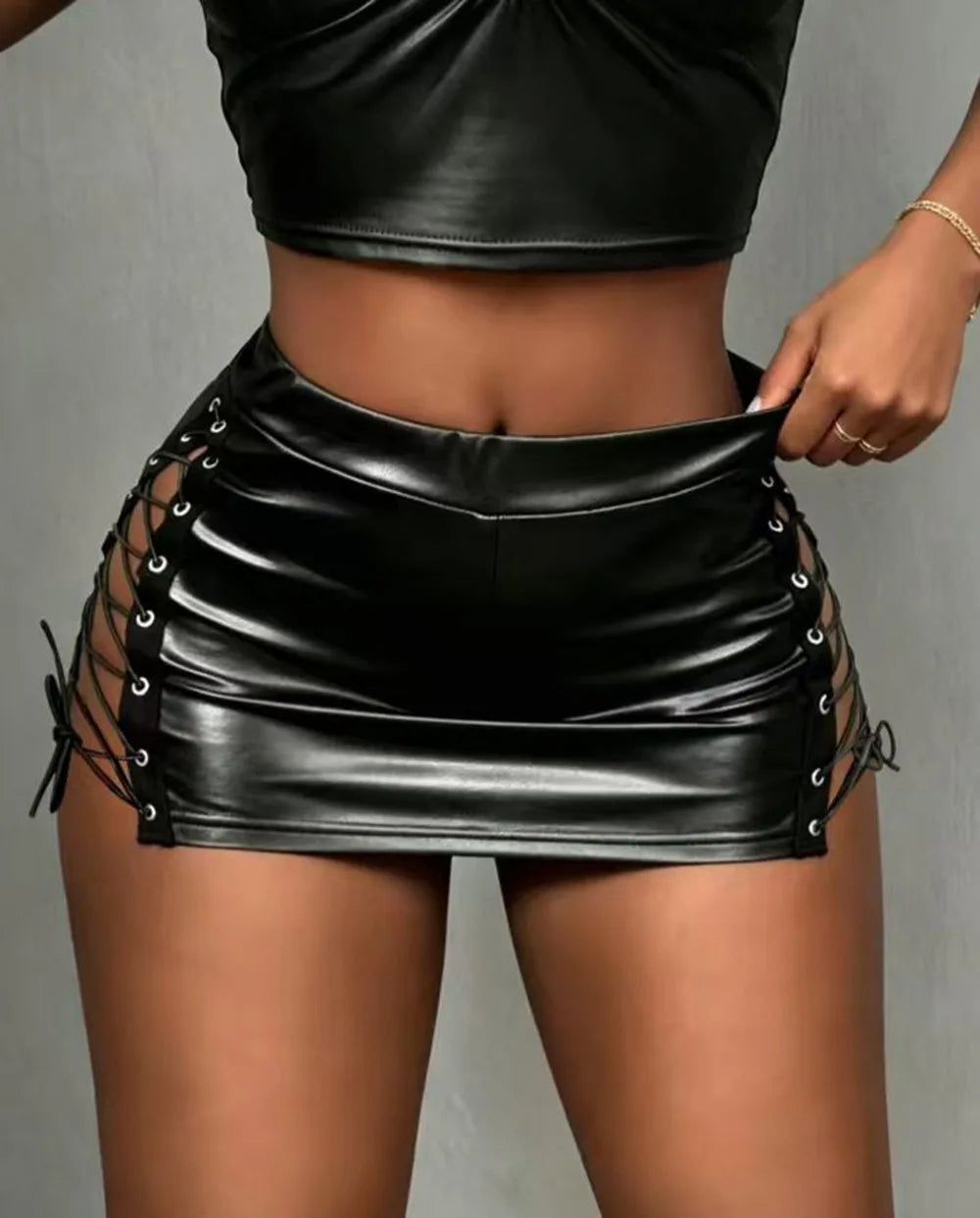 Side Lace-up Pu Leather Short Skirt High Waist Slim Fit Hip Wrap Sexy Pencil Skirt for Women