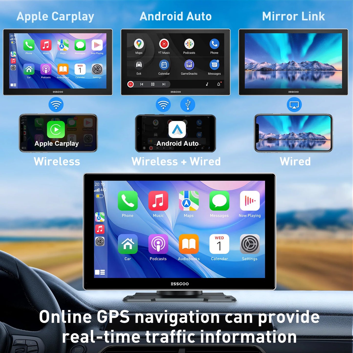 ESSGOO 9 Inch Touch Screen Portable Car Stereo Radio Wireless Apple Carplay Android Auto USB TF Bluetooth Mirror Link