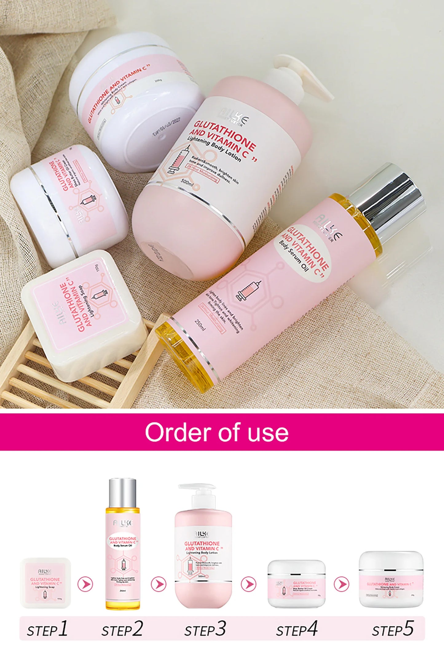 AILKE Glutathione & Vitamin C Brightening Skincare Kit – Whitening Body Lotion, Cream, Serum, Soap & Spa Oil Set