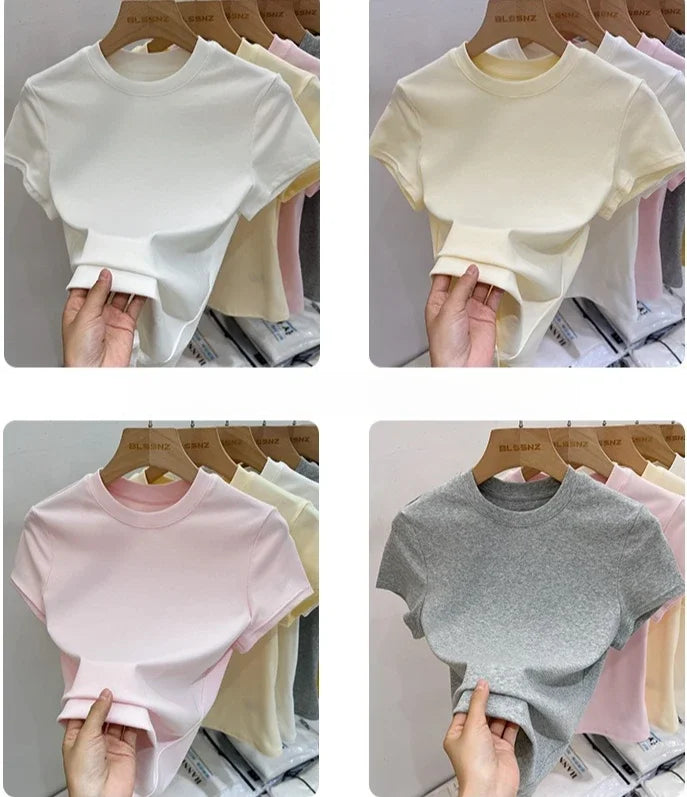 Zjaiss 2026 O-Neck Fashion T-Shirt Summer Sexy Basic Top Solid Short Sleeve Womens Tshirt Casual Korean Tee Streetwear