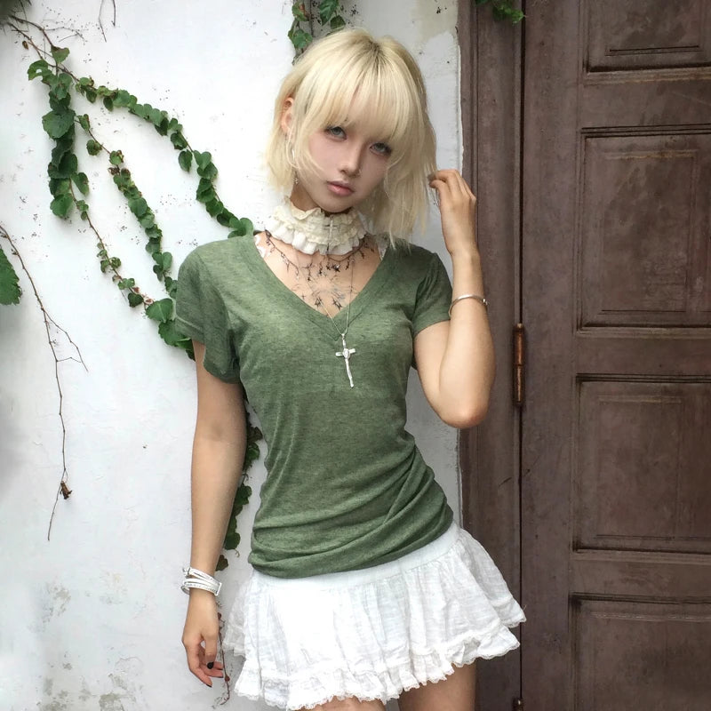 Karrram Japanese Y2k Green Knitted T-shirt Trashy 2000s Style V-neck Top Vintage Harajuku Short Sleeve Tee Shirt American Retro