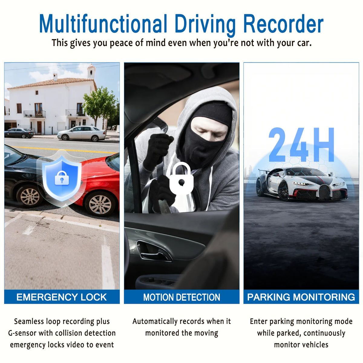 BCUOZ 4-Lens 360° Dashcam, 1080P Front + 720P Built-in Rear Left and Right Car Cameras, Super Night Vision, Loop Recording, G-Sensor, WDR, 12-24V Car Plug Power Supply, Optional 64GB Memory Card.