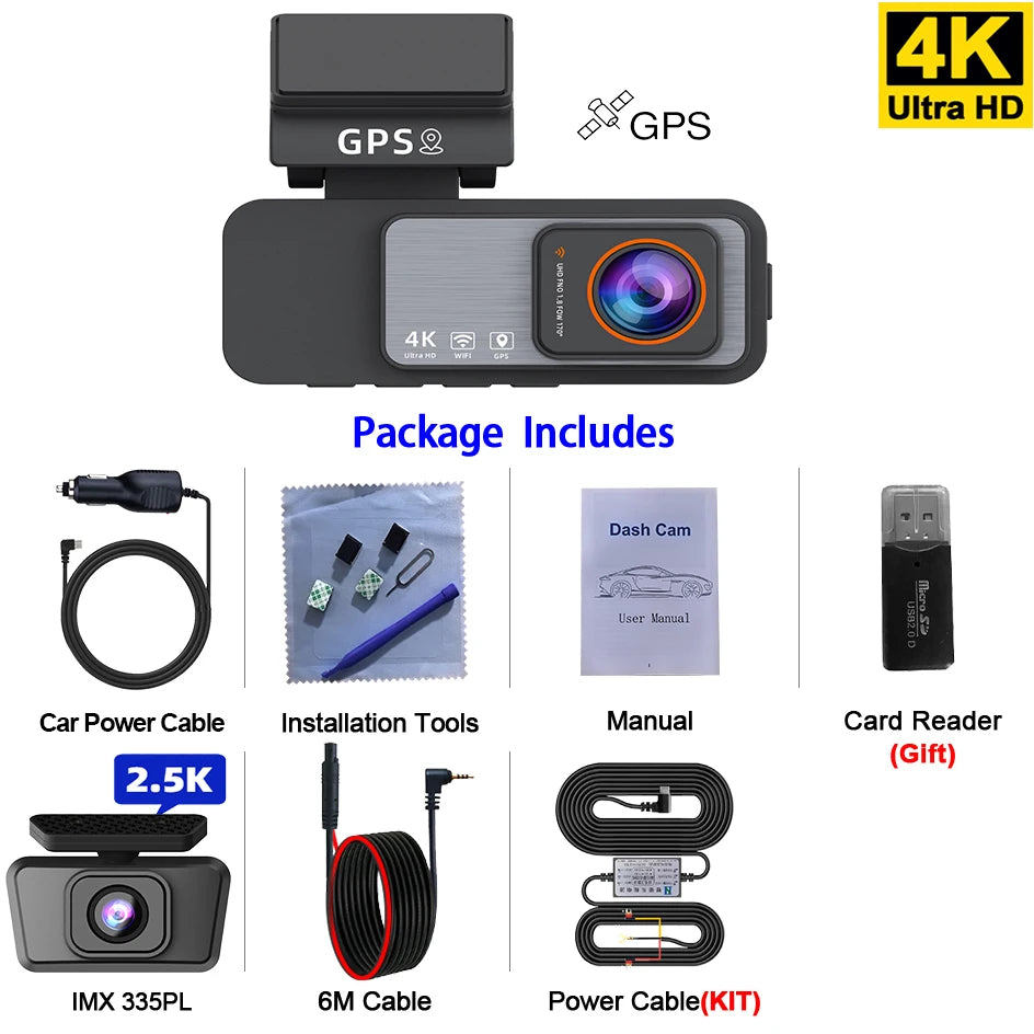 Dash Cam 4K UHD Recording Car Camera DVR Night Vision Video Recorder GPS Wi-Fi Support Dual Lens Room 2.5K Rear View Camera