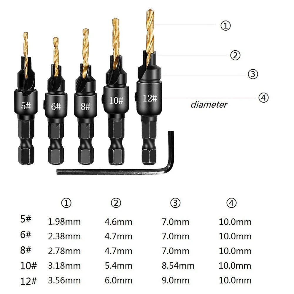 5pcs Countersink Drill Woodworking Drill Bit Set Drilling Pilot Holes for Screw Sizes #5 #6 #8 #10 #12 Cutter Screw Hole Drill