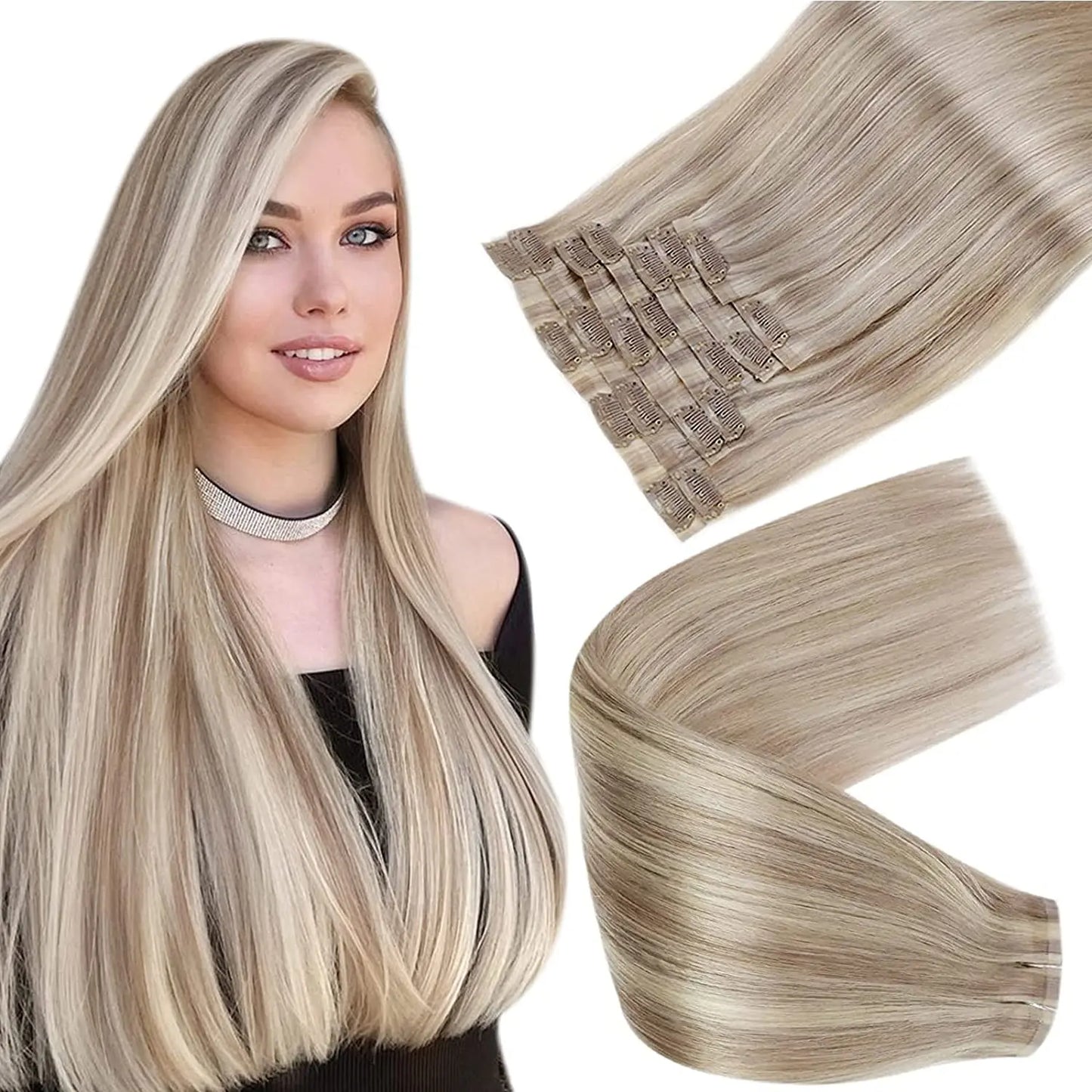 Full Shine Seamless Clip in Hair Extensions Remy Human Hair 8Pcs 120g & 80g Clip In Hair Extensions Human Hair Blonde Skin Weft