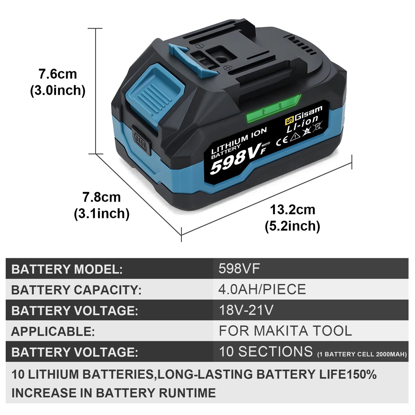 Gisam 4.0AH 4.5AH Rechargeable Lithium-Ion Battery for Cordless Dirll/Brushless Wrench/Screwdriver for Makita 18V Battery pins
