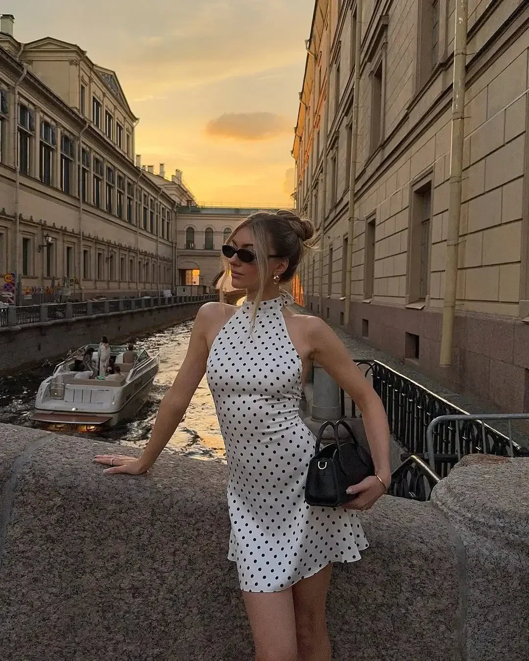 Chic Backless Polka Dot Halter Dress Women's Sleeveless Off Shoulder Lace Up Mini Vestidos 2026 Summer Lady Holiday Party Robe