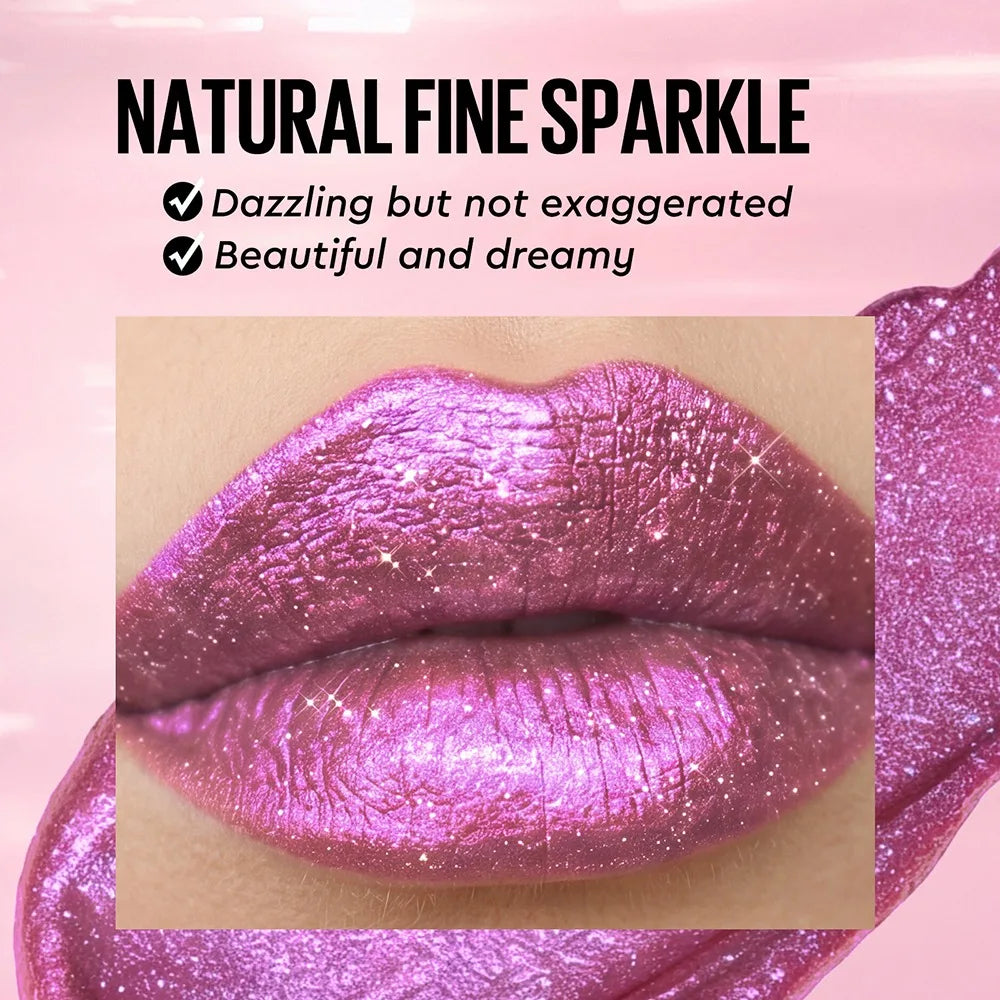 6 Colors Glitter Lipstick Hydrating Red Pink Sparkling Shine Lip Color Highly Pigmented Lip Tints Metallic Finish Lip Makeup