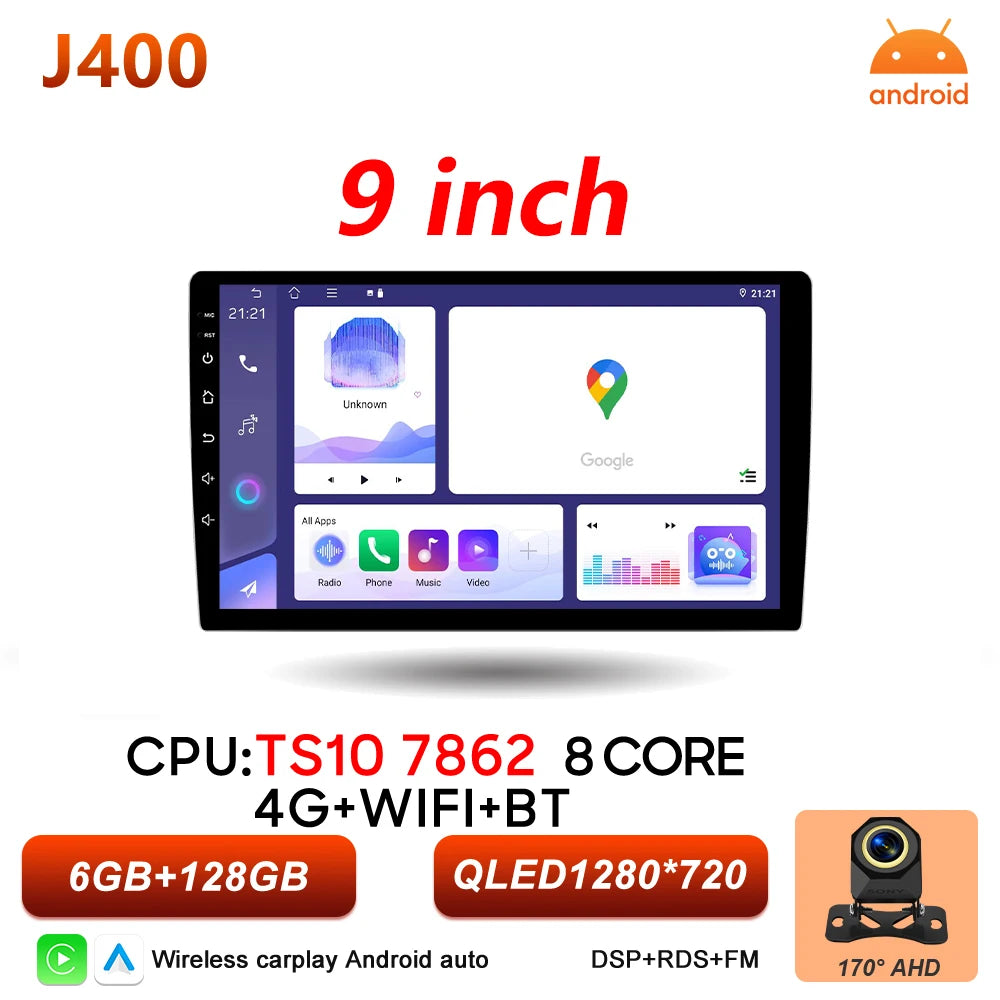 Universal 2-DIN Android Car Stereo (9"/10") — CarPlay, Android Auto, GPS, QLED Screen, WiFi, Bluetooth
