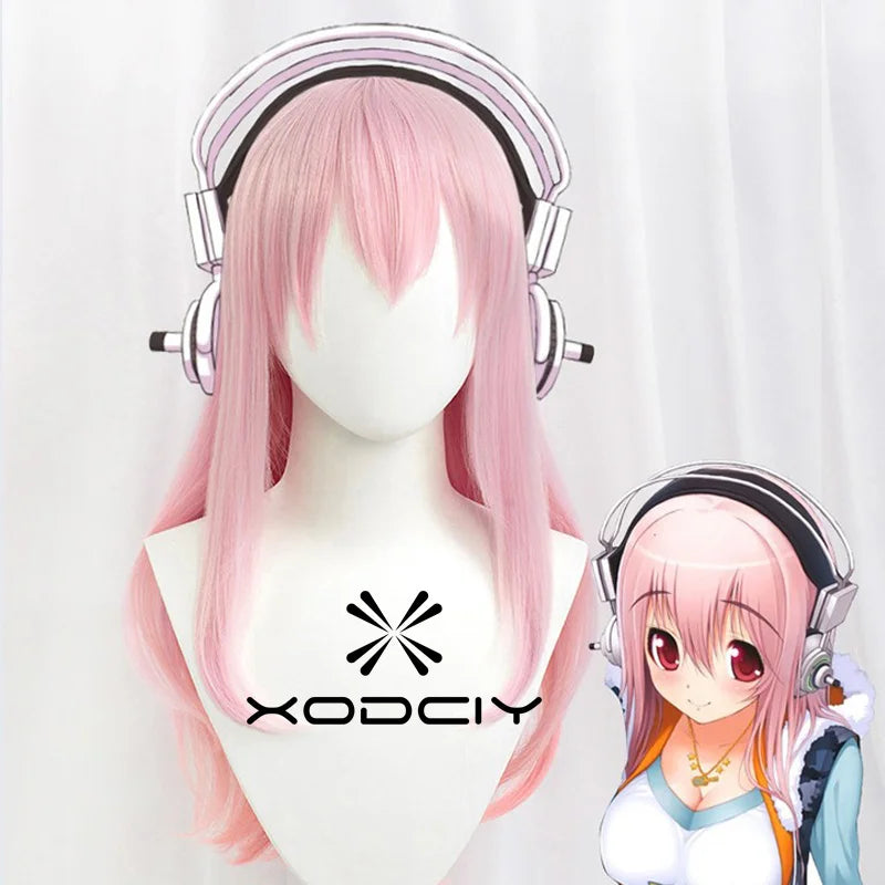 Super Sonico Supersonico 60cm Long Pink Ombre Hair Heat Resistant Cosplay Costume Wig + Toy headset Headphone Prop