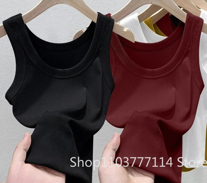 Women's Solid Round Neck RibbedTop Camisole Summer Basic Elastic Spaghetti Strap Top Lightweight Cool Base Shirt Sleeveless Vest