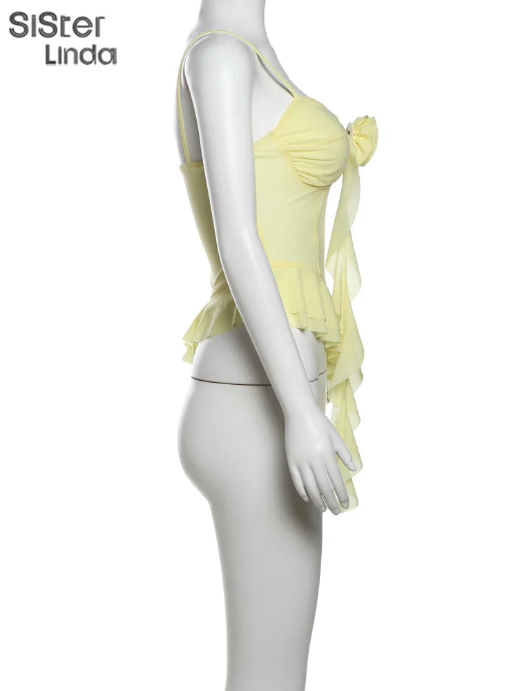 High Quality Women's Sexy Suspender Top Popular In Spring And Summer 2026 Low Cut Backless Yellow Flower Decorated Women's Top