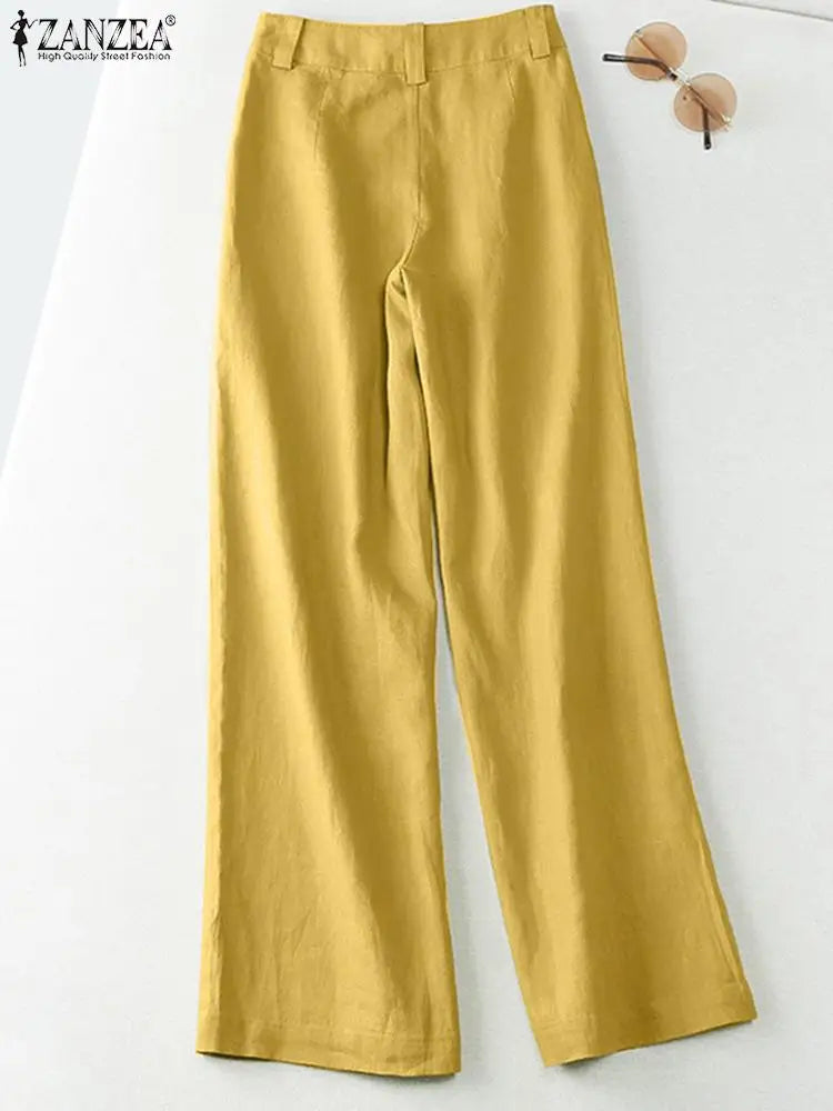 ZANZEA 2026 Spring Summer Cotton Linen Pants Women Long Trousers Wide Leg Plain Holiday Casual Pants Streetwear Fashion Bottoms