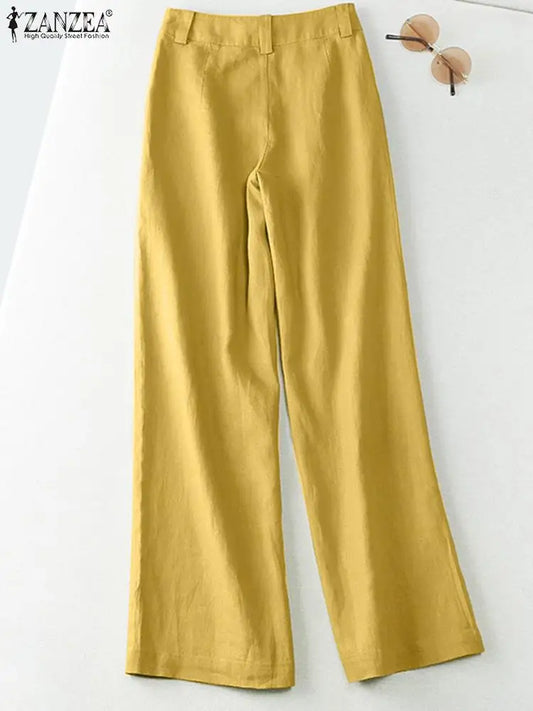 ZANZEA 2026 Spring Summer Cotton Linen Pants Women Long Trousers Wide Leg Plain Holiday Casual Pants Streetwear Fashion Bottoms