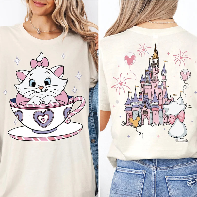 2026 Summer New The Aristocats Cartoon Anime Printed T-shirt Women's Fashion Casual T-shirt Mary Cat Crazy Teacup Party Shirt