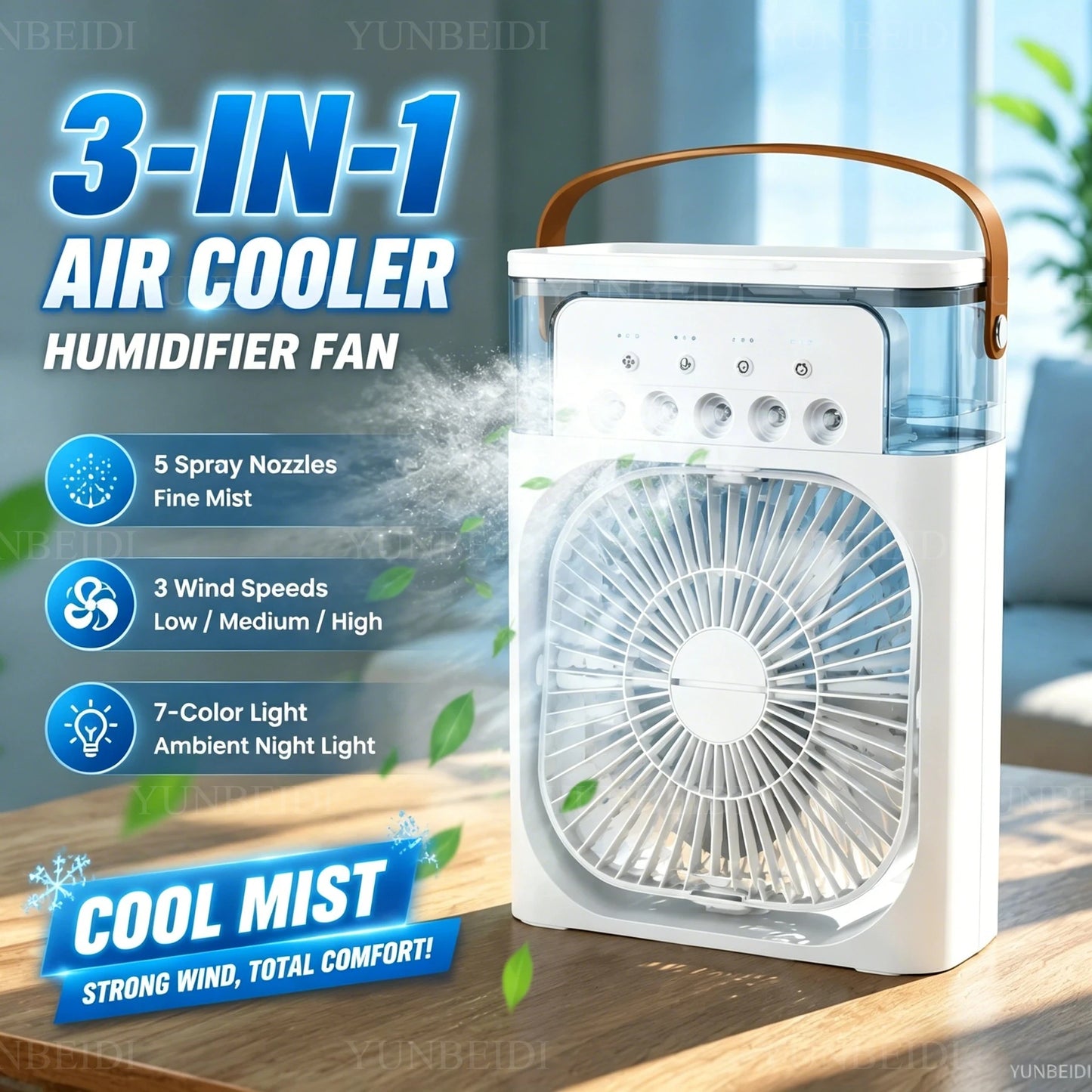 3-in-1 Portable Evaporative Air Cooler – Misting Fan, Humidifier & LED Light