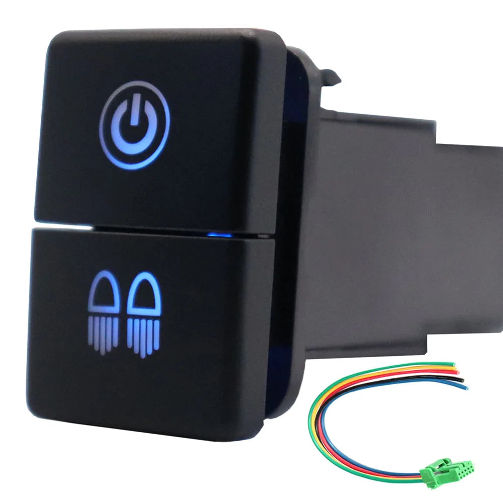 12V Dual Push Button Switch ON-Off Blue/Green Backlit 32.5mm X 22mm for Toyota 4Runner Hilux Prado RAV4, with Connector Wire