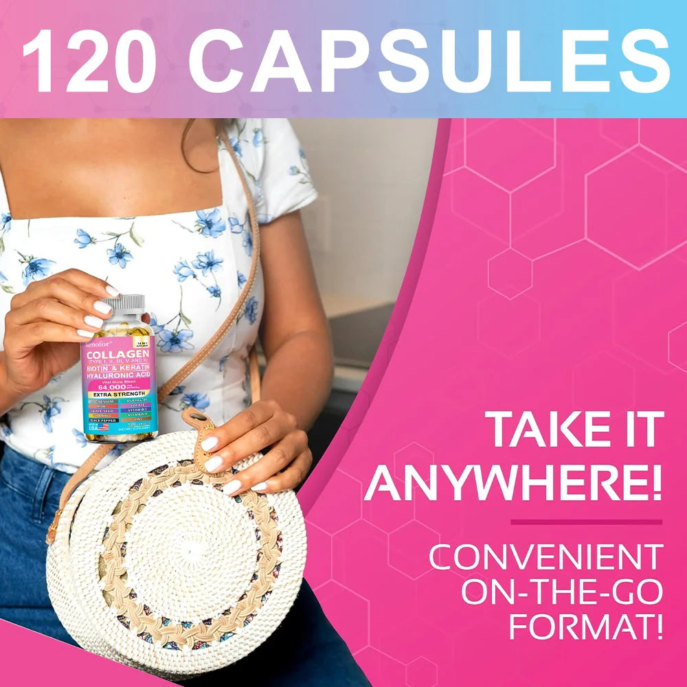 Kenofor 14-in-1 Collagen Capsules – Biotin, Keratin, Hyaluronic Acid, Vitamins A/C/E | Anti-Aging Skin, Hair & Nails Supplement | 30/60/120 Count
