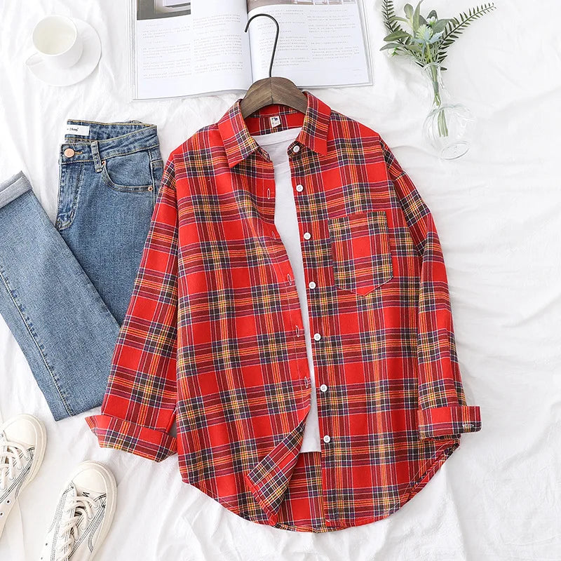 Women's Plaid Long Sleeve Shirt - Loose Casual Button-Up Blouse - photo 29