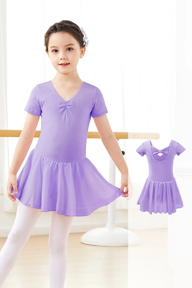 Girl Ballet Leotard with Chiffon Tulle Skirt Kids Bowknot Lyrical Dance Dress Short/Long Sleeve Bodysuit Back Bow Tie Dance Wear