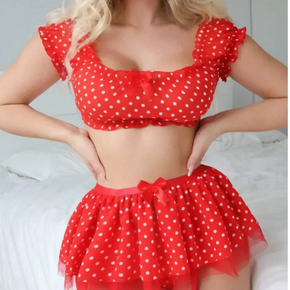Women's Polka Dot Off-Shoulder Puffy Skirt Lingerie Set – Sexy Bra & Garter Skirt Exotic Set | S–XL (Red, Blue)