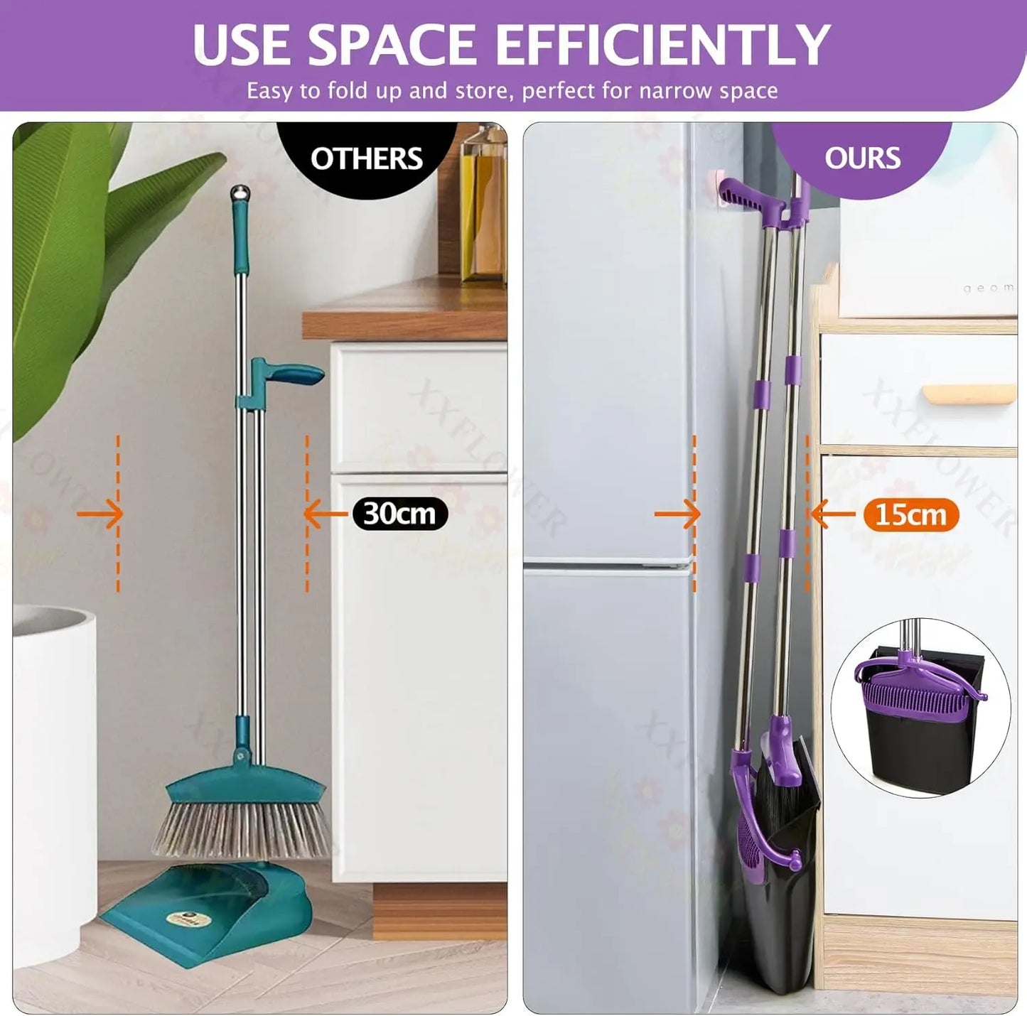 Long Handle Broom and Dustpan Set, Lightweight Stainless Steel, Upright Storage for Home Kitchen Office Pet Hair Cleaning