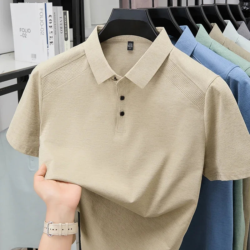 Men's Lapel Polo Tee - Perforated Shoulder, Wrinkle-Resistant