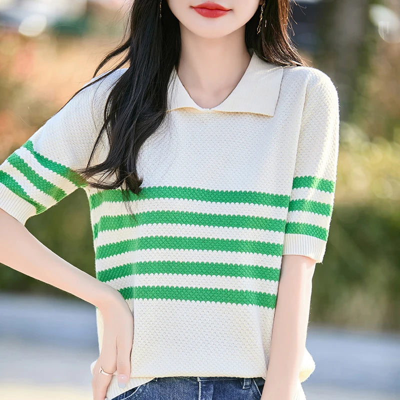 Pure Cotton Hollow Short-Sleeved Ladies Spring And Summer Loose Slim New Joker Knit Bottoming T-Shirt