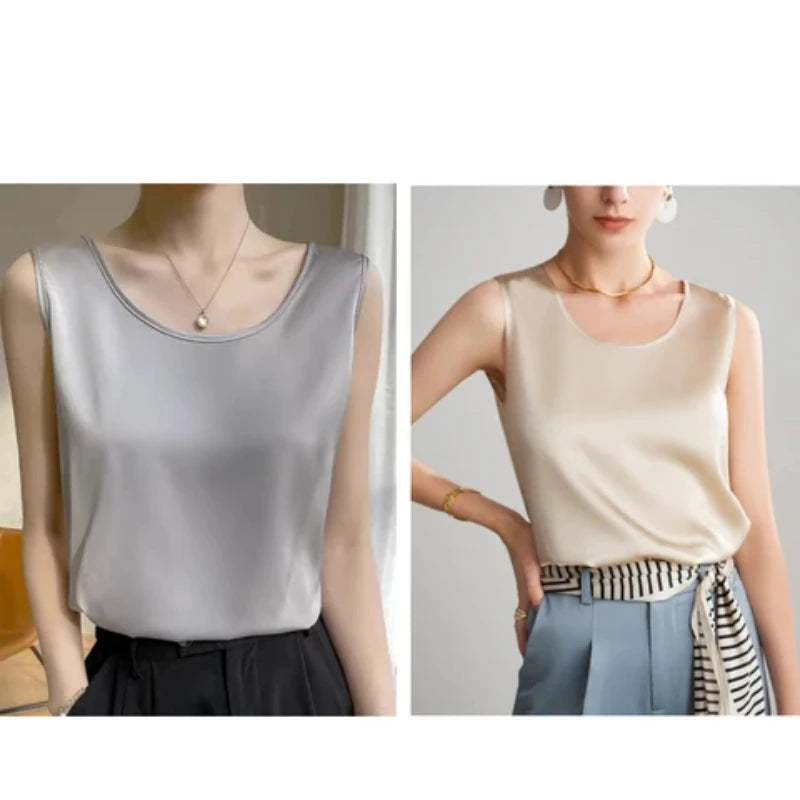 Summer Satin Mulberry Silk Tank Top Casual Versatile Champagne Tops Woman 2026 New Fashion Elegant Vest Loose Sleeveless T-shirt