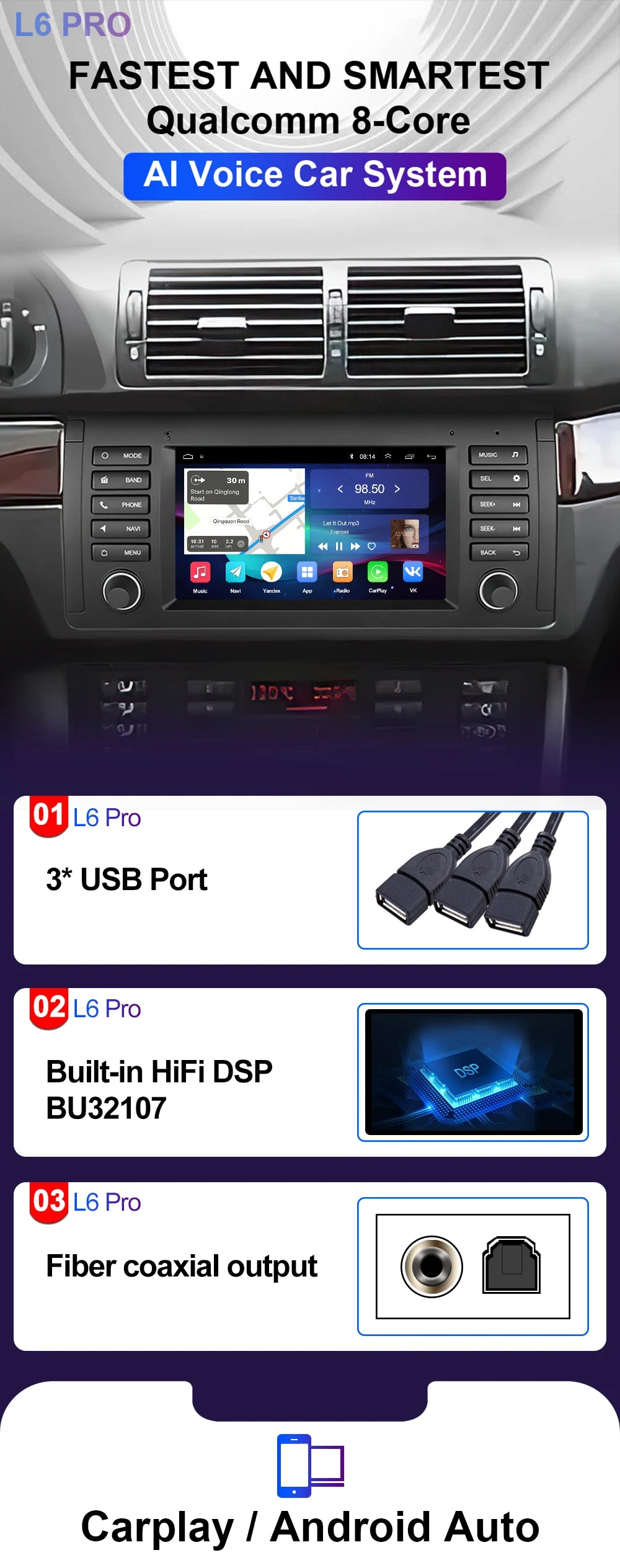 LEHX L6 2din Android14 Auto Carplay Car Radio Multimedia Stereo For BMW E53 5 Series E39 M5 1995-2003 Stereo autoradio gps 2 din