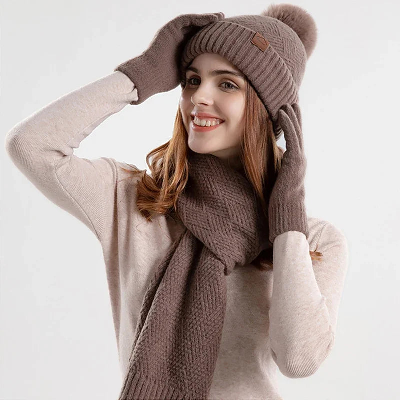 Women's Pom Pom Beanie, Scarf & Touchscreen Gloves - 3 Piece Set