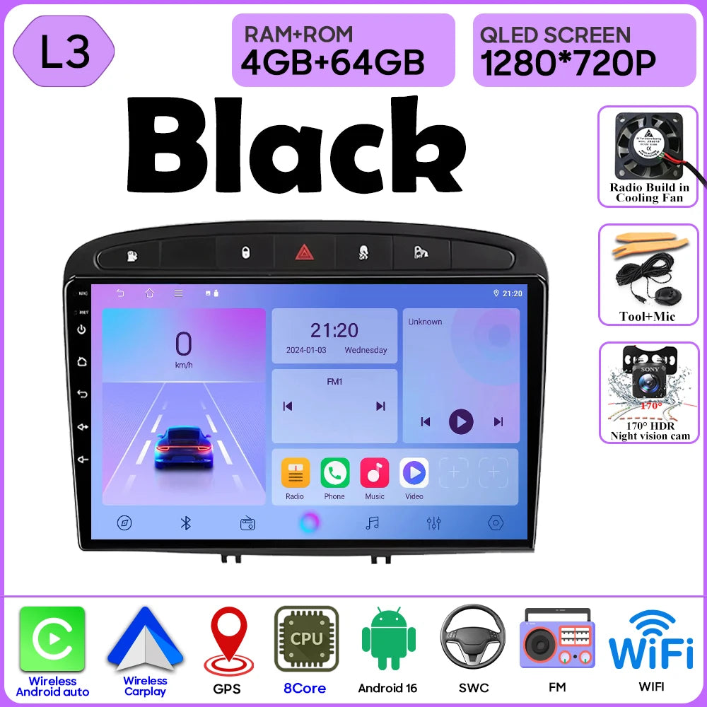Android 16 Car Radio Player For Peugeot 408 1 2012 - 2020 For Peugeot 308 1 T7 2007 - 2015 Wireless Android Auto Touch Screen 4G