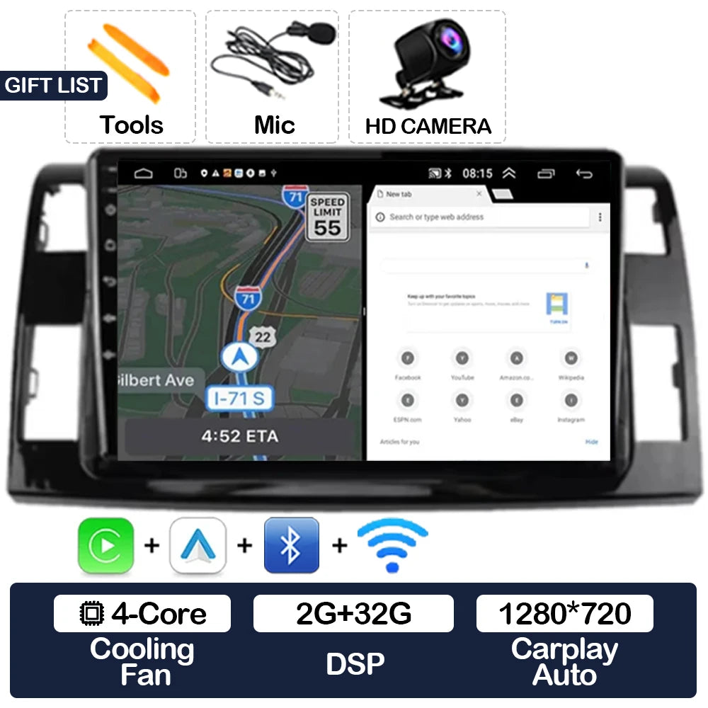 Wireless CarPlay & Android Auto Display Screen, Compatible with Toyota Previa XR50 III & Estima