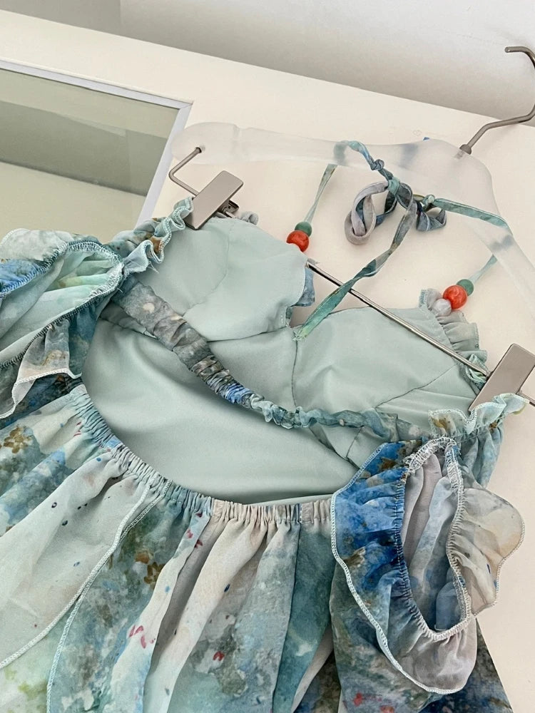 2026 Elegant Halter Neck Ruffled Maxi Dress Women Blue Green Floral Print Bohemian Design Beach Vacation Casual Party Dress New