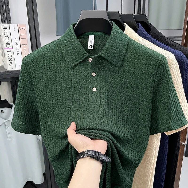 Men's Waffle-Knit Polo - Wrinkle-Free Three-Button, Office Casual