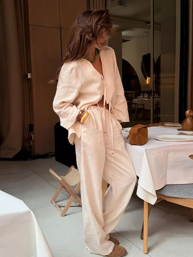 Tie-Front V-Neck Blouse & Wide-Leg Pants Set — 2-Piece