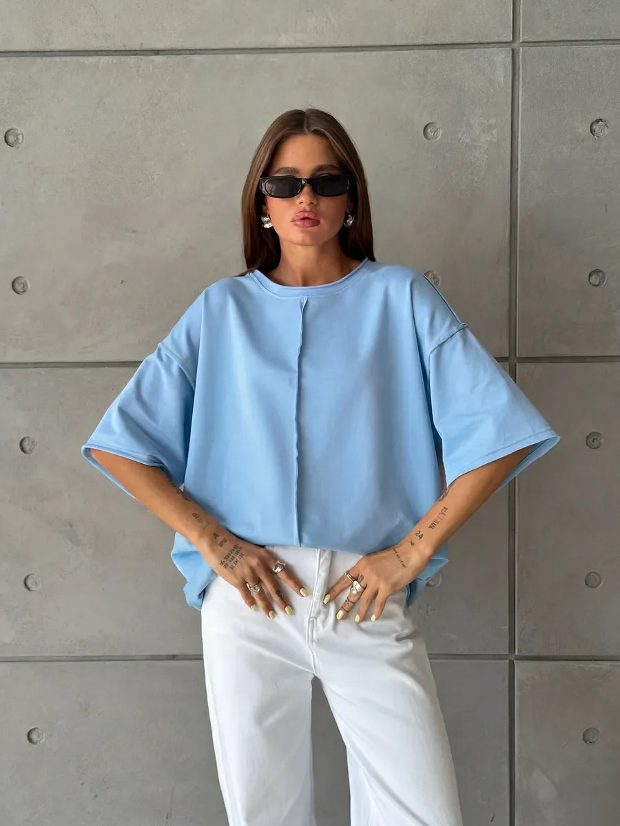 Hirsionsan Summer Casual Oversized T-shirts Women 100% Cotton Pink Loose Tees 2026 New Cusual Solid O Neck Female Aesthetic Tops