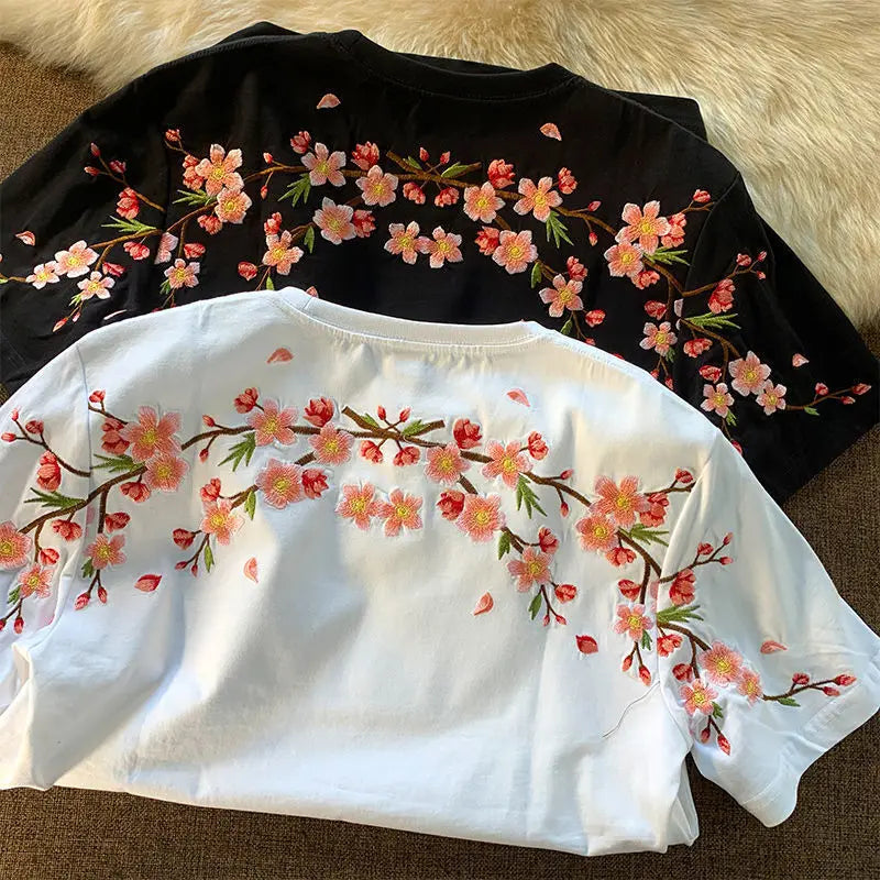 Aesthetic Japan Style Cherry Blossoms Embroidery T Shirts Sexy Women Girls Cotton Summer Tee Tops O-neck Loose Casual Harajuku