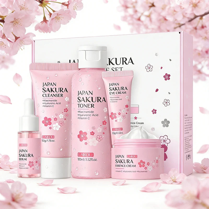 5pcs/set Laikou Sakura Skin Care Set Facial Cleanser Toner Face Serum Eye Cream Hydrating Moisturizing Anti Aging Skin Care Kit