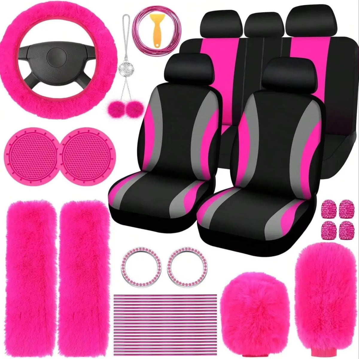 35-Piece Luxury Car Seat Cover Set - Soft Fluffy Steering Wheel Cover, Universal Safety Belt Protectors, Gear Shift Cover, Fashionable Interior Accessories For Women - Premium Polyester Fiber, Easy To Install, Stylish, And Pr