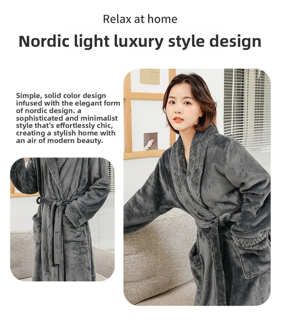 Couples Flannel Robe, Long Warm Fleece Bathrobe for Men and Women