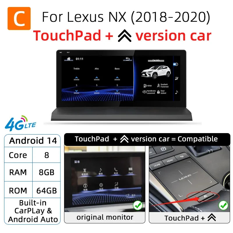 Nunoo Android 14 CarPlay Auto Radio For Lexus NX NX200 NX200T NX300h 2014-2021 Multimedia Navigation GPS DSP 4G WiFi