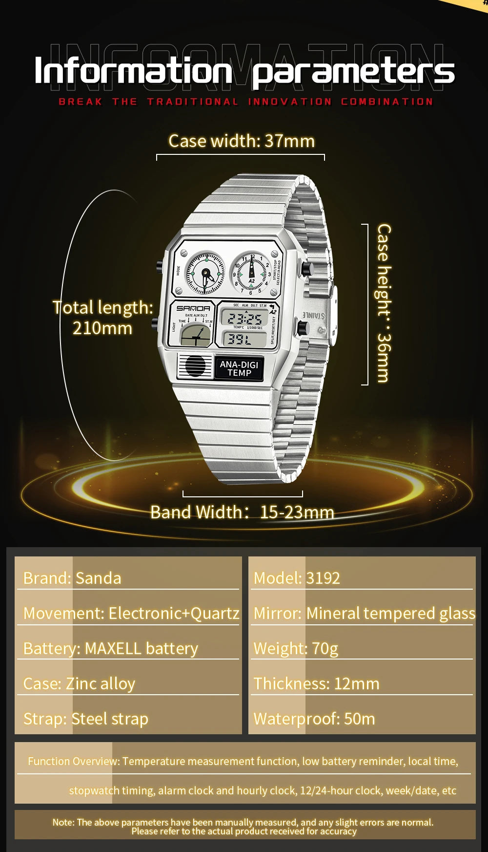 SANDA 3192 Men's Sport Watch – Analog-Digital LED, Waterproof, Stainless Steel