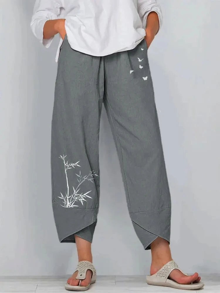 Vintage Print Women Pants Fashion Irregular Casual High Waist Elastic Waist Straight Loose Trousers Summer Lady Cargo Pantalon