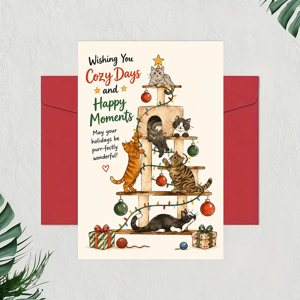Cute Cat Christmas Greeting Card, Cat Tree Tower Xmas Card, Holiday Wishes Card for Cat Lovers with Envelope