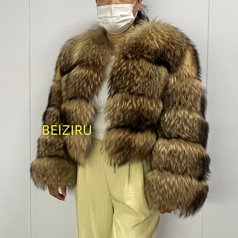 Women's Hooded Raccoon Fur Coat, Turn-Down Collar
