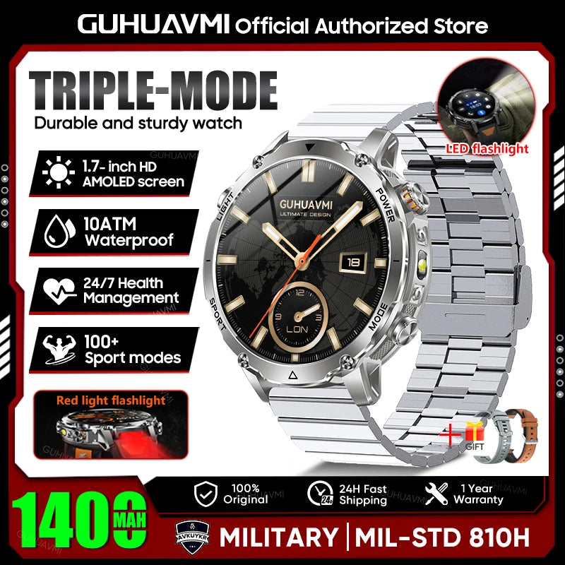 Rugged Outdoor Smart Watch — 1400mAh, 10ATM, Torch & BT Call