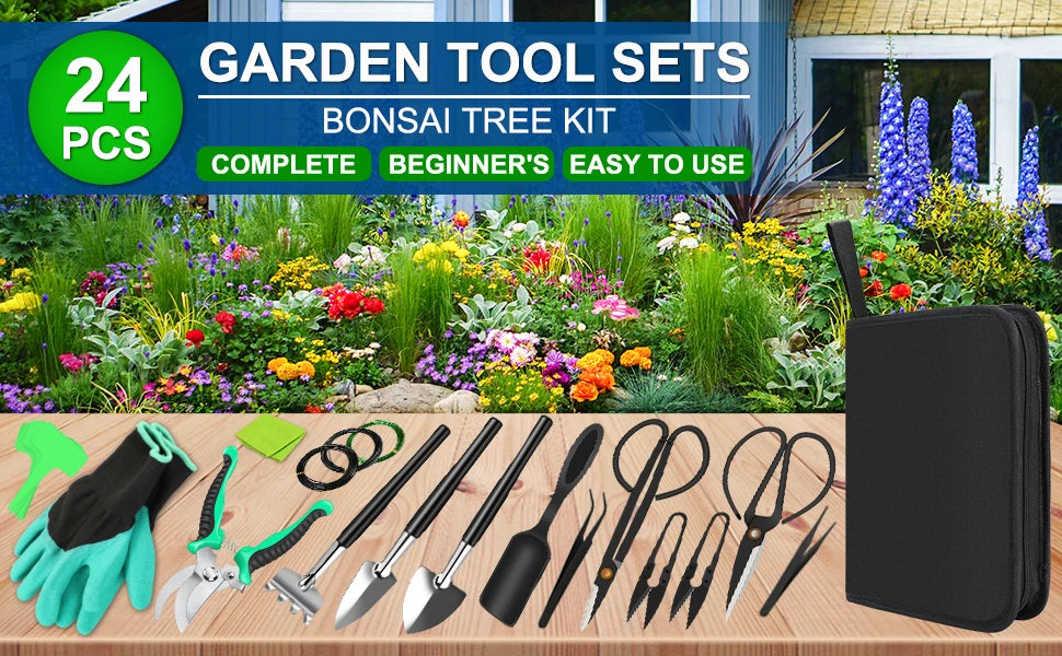 Bonsai Tools Kit- 24 PCS Bonsai Tree Kit Tools for Beginners,  Complete Set for Bonsai Tree Care, Pruning, and Shaping